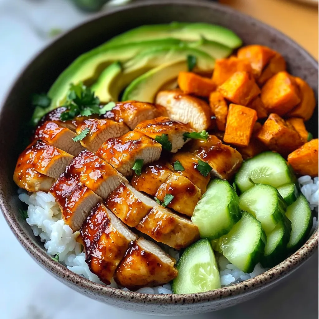 Hot Honey Glazed Chicken Bowls with Fresh Vegetables and Fluffy Rice